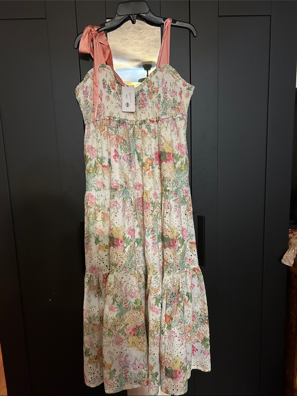 Floral Eyelet Maxi Dress with Pink Tie Straps